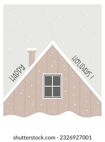 Holiday Christmas card with wooden snowy cabin. Vector winter illustration, postcard.