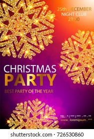 Holiday Christmas club poster. Party New Year design banner. Vector gold glitter luxury snowflake with lights effects.
