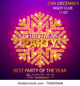 Holiday Christmas club poster. Party New Year design banner. Vector gold glitter luxury snowflake with lights effects.