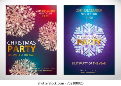 Holiday Christmas club poster. Party New Year design banner. Vector gold and silver glitter luxury snowflake with lights effects. Set covers corporate xmas