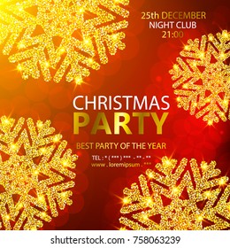 Holiday Christmas club poster. Party New Year design banner. Vector gold glitter luxury snowflake with lights effects. Covers corporate xmas