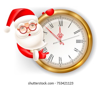 The holiday Christmas is coming. Cute cartoon Santa Claus and circle clock. Vector illustration. Isolated on white background.