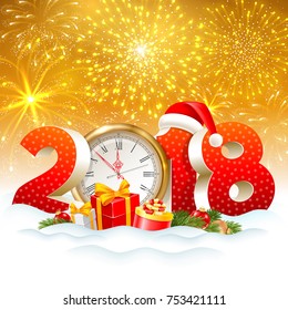 The holiday Christmas is coming. Volumetric digits 2018 and golden clock, gifts, spruce branches, in the snow. Fireworks on background. Christmas and New Year festive design. Vector illustration.