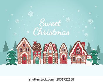 Holiday Christmas cute gingerbread house, village and sweets for cards, media, fabric, linen, textiles and wallpaper