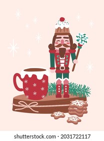 Holiday Christmas cute nutcracker, biscuits and sweets for cards, media, fabric, linen, textiles and wallpaper