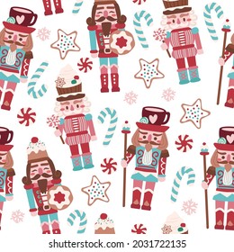 Holiday Christmas cute nutcracker, biscuits and sweets seamless pattern for fabric, linen, textiles and wallpaper