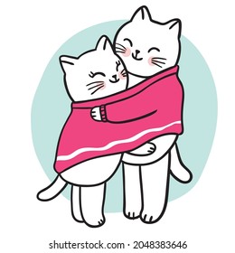 Holiday and Christmas day. Cartoon cute cats couple hug together vector.