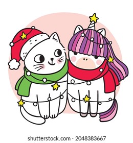 Holiday and Christmas day, Cat and unicorn together vector.