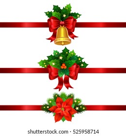 Holiday Christmas decorations with gold bell, bow and Christmas star. Vector illustration