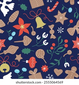 Holiday Christmas doodle elements seamless pattern on blue. Cute flat gingerbread, winter flowers, bells for card, banner, wrapping paper design.