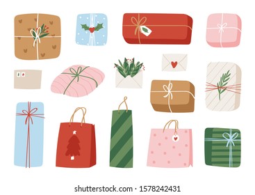 Holiday Christmas gift boxes wrapped in bright colored paper and decorated with ribbons and bows. Packed festive presents isolated on white background. Colorful cartoon vector illustration