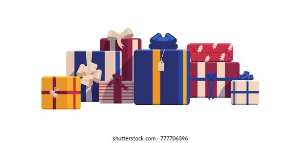 Holiday Christmas gift boxes wrapped in bright colored paper and decorated with ribbons and bows. Packed festive presents isolated on white background. Colorful realistic vector illustration.