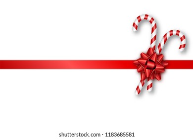 Holiday Christmas gift card with red bow and candy canes. Template for a banner, poster, invitation. Vector illustration for your design