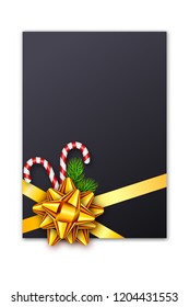 Holiday Christmas gift card with red bow, fir tree branches and candy canes. Template for a banner, poster, invitation. Vector illustration for your design