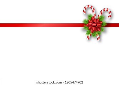 Holiday Christmas gift card with red bow, fir tree branches and candy canes. Template for a banner, poster, invitation. Vector illustration for your design