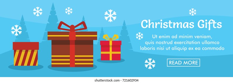 Holiday Christmas gifts horizontal banner. Holiday Christmas gifts vector illustration in flat style for web