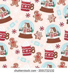 Holiday Christmas globe, biscuits, desserts, and sweets seamless pattern for fabric, linen, textiles and wallpaper