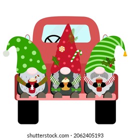 Holiday Christmas gnomes with coffee cups and cupcake on red truck. Vector illustration. Isolated on white background.