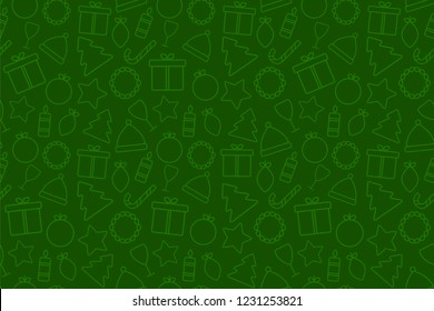 Holiday Christmas green backgound with icons and copy space. Template for a banner, poster, shopping, discount. Vector illustration for your design