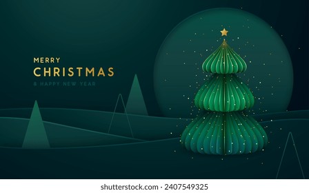 Holiday Christmas green background with abstract landscape and Christmas tree. Paper design. Vector illustration