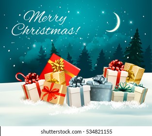 Holiday Christmas greeting card with a colorful gift boxes. Vector.