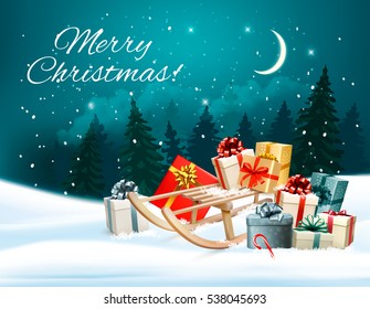 Holiday Christmas greeting card with a colorful gift boxes. Vector.