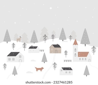 Holiday Christmas greeting card of cozy town, winter landcsape, scenery with little wooden snowy houses in the slopes, fir trees, fox and deer