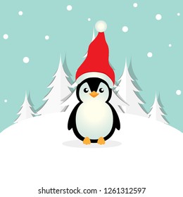 Holiday Christmas greeting card with Penguin cartoon. Vector illustration.