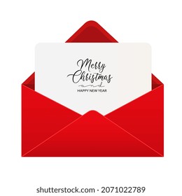 Holiday Christmas Greeting Card In Red Open Envelope. Vector Illustration Of Xmas Letter In Envelope Isolated On White