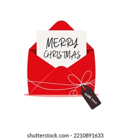 Holiday christmas greeting card in red open envelope. Cute vector illustration in flat cartoon style.Vector illustration