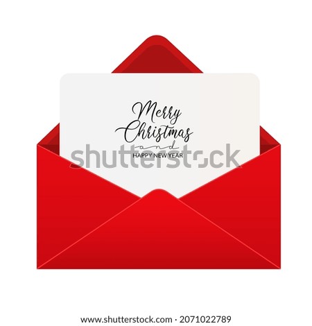 Holiday christmas greeting card in red open envelope. Vector illustration of xmas letter in envelope isolated on white