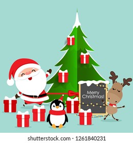 Holiday Christmas greeting card with Santa Claus, reindeer and Penguin cartoon. Vector illustration.