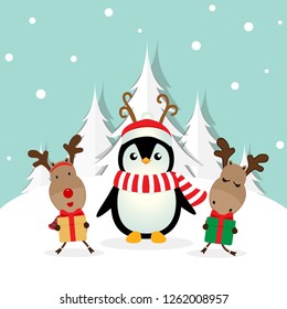 Holiday Christmas greeting card with Santa Claus, reindeer and Penguins cartoon. Vector illustration.