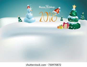 Holiday Christmas greeting card with a christmas tree, colorful gift boxes, snowmen. Merry Christmas Landscape. Vector.