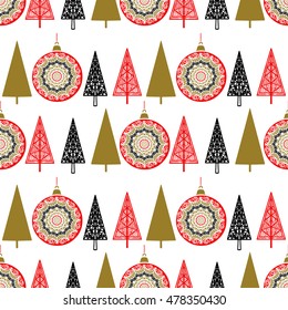 Holiday Christmas greeting seamless pattern. New year vintage background texture. Trees, balls. Wallpaper