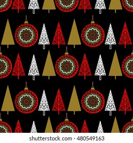 Holiday Christmas greeting seamless pattern. New year vintage background texture. Trees, balls. Wallpaper