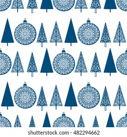 Holiday Christmas greeting seamless pattern. New year vintage background texture. Trees, balls. Wallpaper