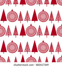 Holiday Christmas greeting seamless pattern. New year vintage background texture. Trees, balls. Wallpaper