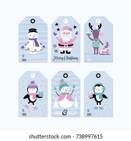 Holiday and Christmas hand drawing gift tags set with cute animals and characters. Isolated vector illustration