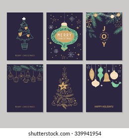 Holiday And Christmas Hand Drawing Greeting Card Set. Isolated Vector Illustration