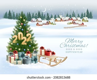 Holiday Christmas and Happy New Year background with a winter village and  christmas tree, winter sledge and colorful presents. Vector. 