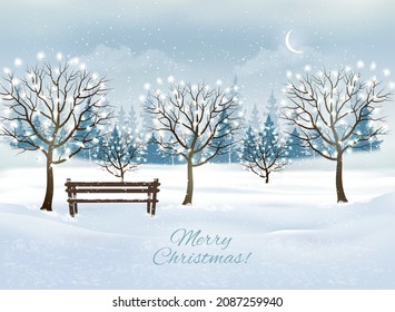 Holiday Christmas and Happy New Year background with evening landscape and trees with garland. Vector