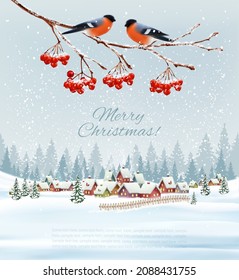 Holiday Christmas and Happy New Year background with a winter landscape and village and red bullfinch. Vector. 