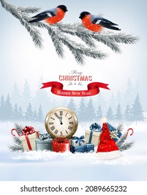 Holiday Christmas and Happy New Year background with a winter landscape and colorful presents and red bullfinch. Vector. 