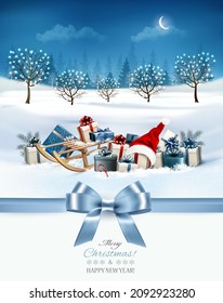 Holiday Christmas and Happy New Year background with evening landscape and christmas colorful presents with Santa hat. Vector
