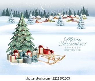 Holiday Christmas and Happy New Year background with a winter village and  christmas trees, winter sledge and colorful presents. Vector. 