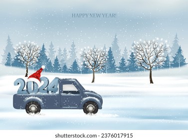 Holiday Christmas and Happy New Year background with with evening landscape and blue car with 2024 numbers and Santa hat. Winter illustration, banner, vector