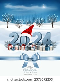 Holiday Christmas and Happy New Year 2024 background. Evening landscape and christmas colorful presents and Santa hat. Vector