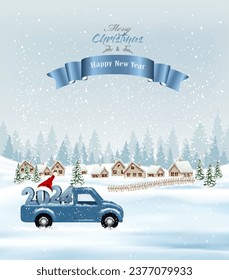 Holiday Christmas and Happy New Year background with with evening landscape and blue car with 2024 numbers and Santa hat. Winter illustration, banner, vector