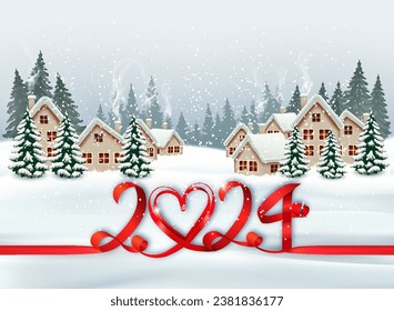 Holiday Christmas and Happy New Year background with a winter village and  trees and red ribbon with 2024 numbres. Vector. 